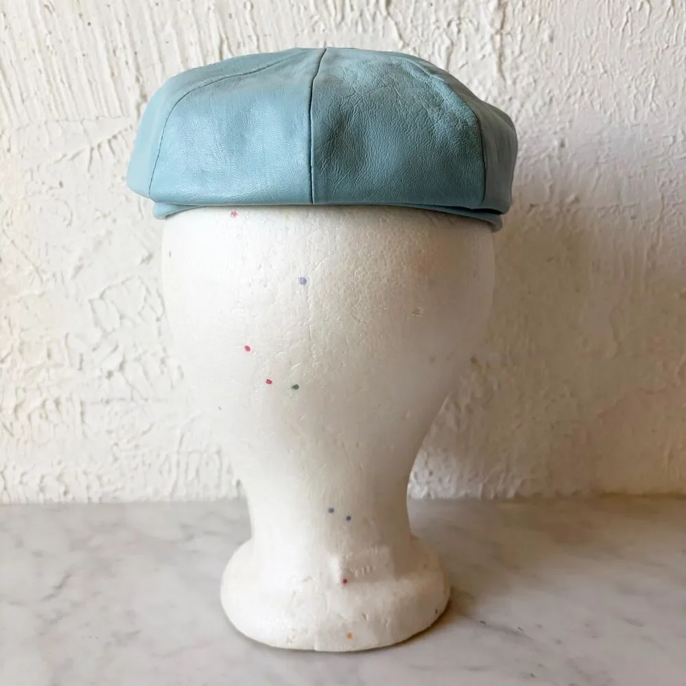 Vintage Blue Leather Newsboy Cap Beret Mod Hat Sanlea Hats New York